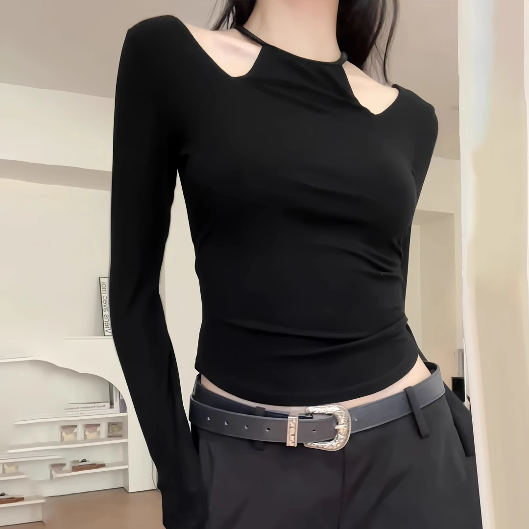 黑色挂脖一字肩长袖t恤上衣女气质春秋季新款内搭显瘦高端打底衫