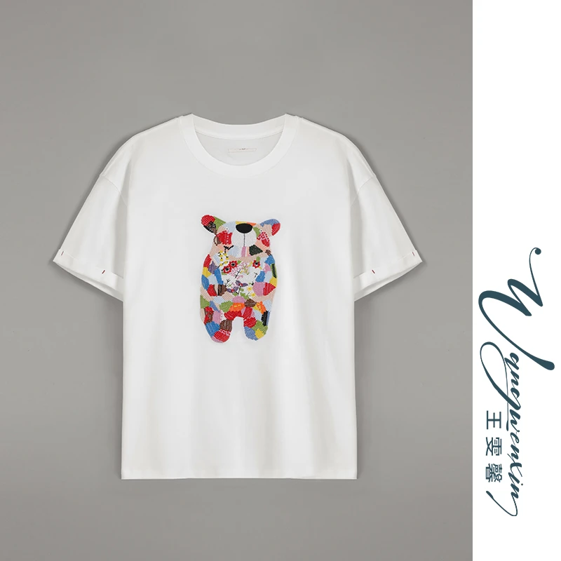 【王雯馨】“熊熊乐园”小熊刺绣 创意减龄 宽松 显瘦百搭夏季短袖T恤
