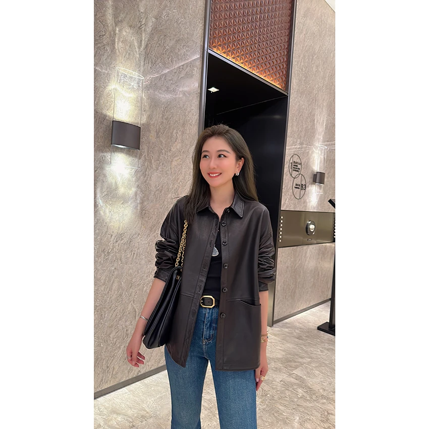 【王雯馨】“风声”高级腔调！polo领 宽松显瘦 纯色衬衫款皮外套