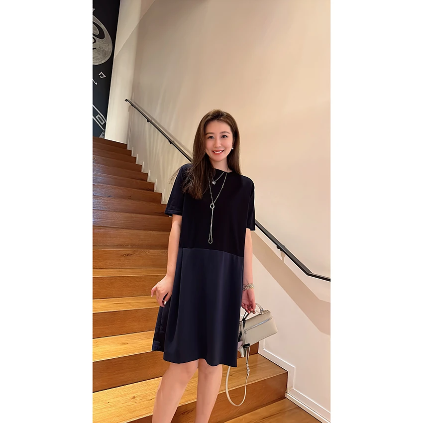 【王雯馨】“奈良原系”圆领显瘦 纯色短袖精纺纱针织拼接夏季连衣裙