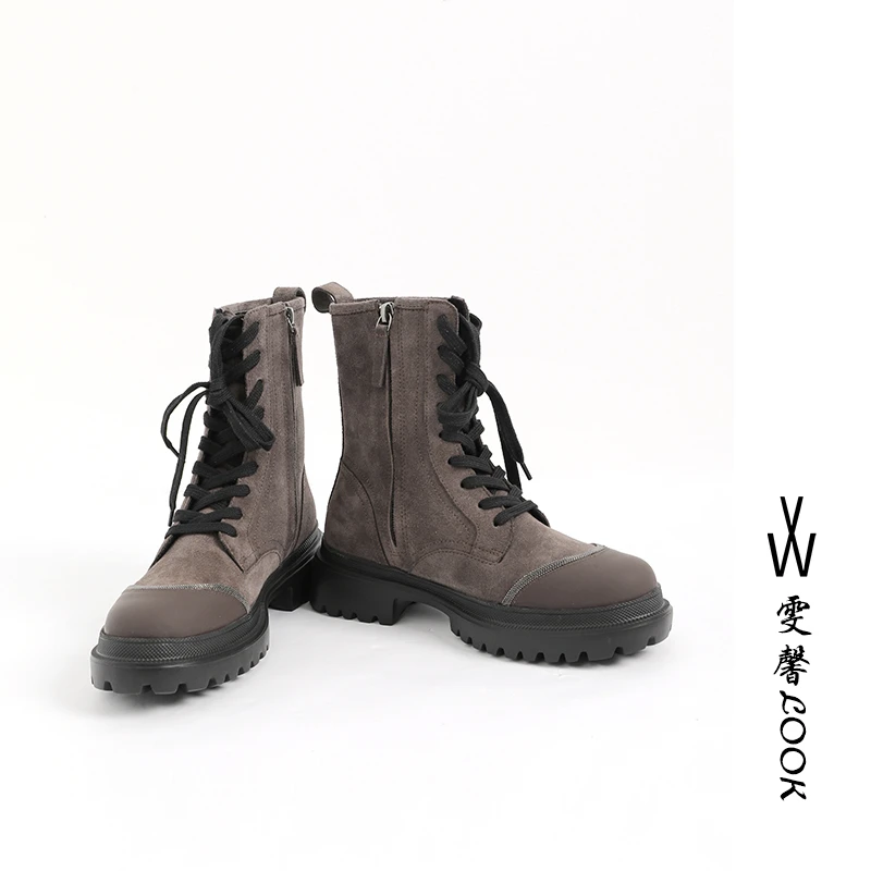 【王雯馨】“链棕马丁靴”手工珠链 反绒面 显腿细 圆头加绒马丁靴