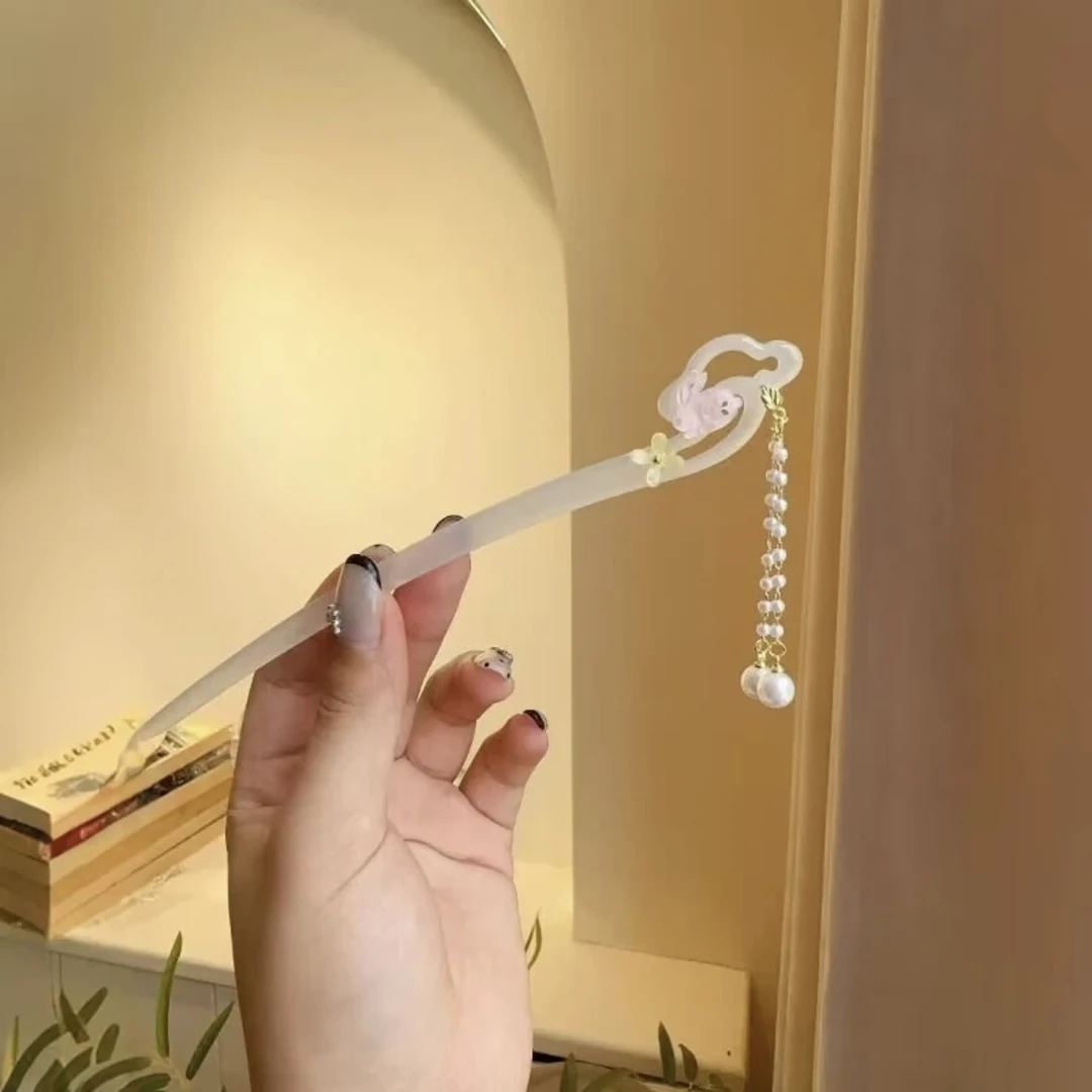 仿玉银杏发簪新中式古风簪子简约流苏步摇汉服旗袍头饰百搭发簪子