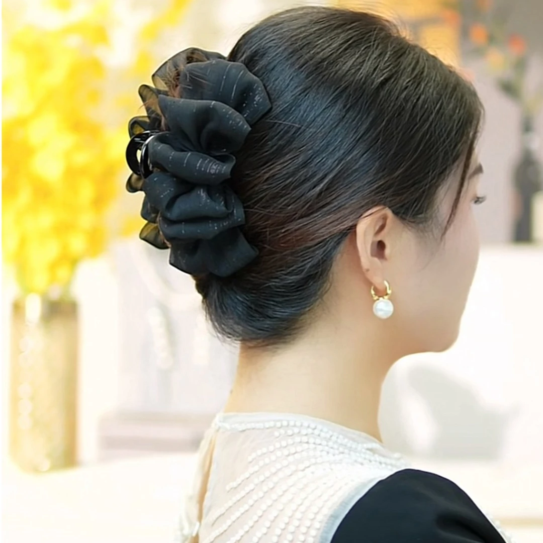 时尚气质珠光银丝抓夹百搭简约优雅黑色头饰ins