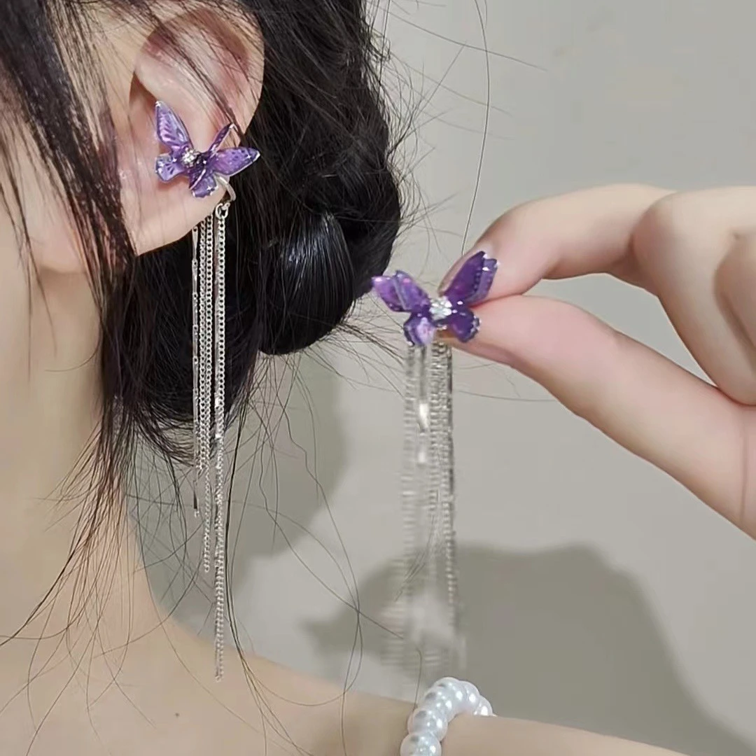 合金亚克力耳饰 《比翼》紫蝴蝶耳夹女轻奢气质高级感精致A269