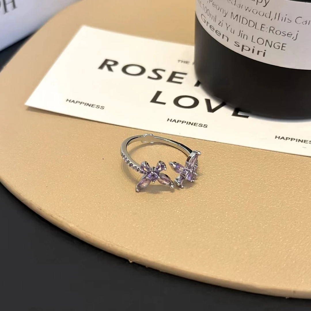 合金亚克力戒指 《紫嫣》紫色蝴蝶对戒小众开口调节戒指女A178