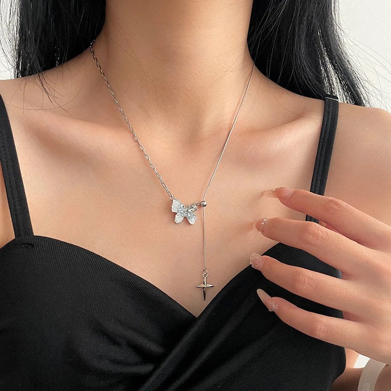 合金大理石项链 《小冰曲》蝴蝶星芒抽拉项链女小众设计辣妹A110