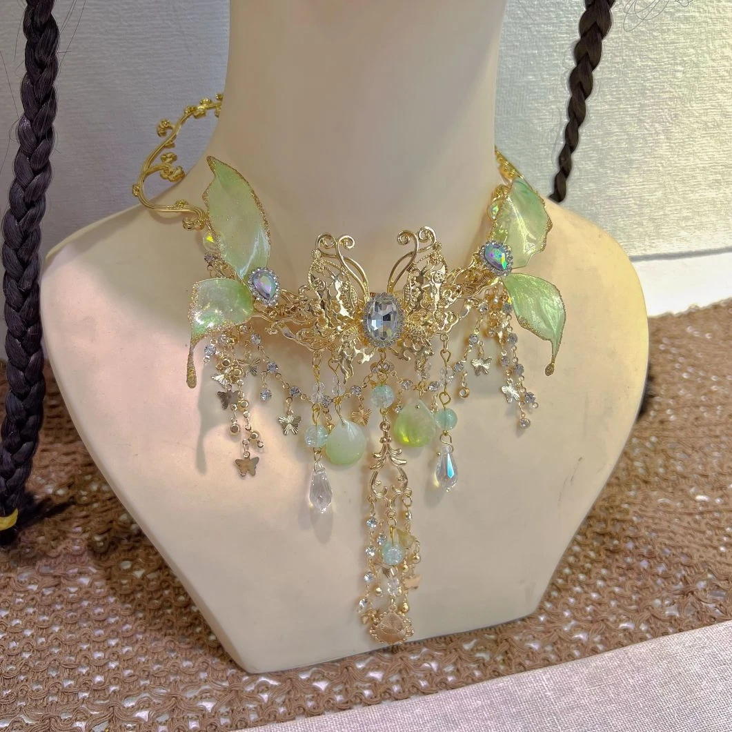 合金树脂项链 《流连戏蝶》掐丝造花液古风美人鱼流苏古装项链