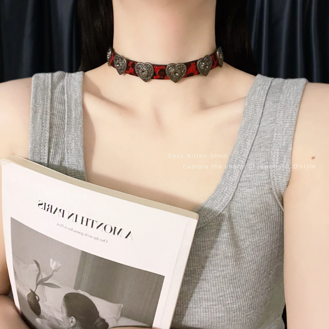 合金皮质项链 y2k亚文化红色豹纹马毛choker皮质颈环A202