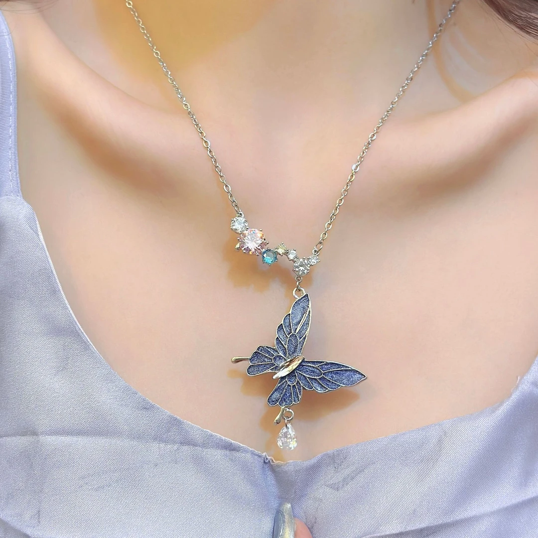 合金亚克力项链 《慵懒》超仙蓝色蝴蝶吊坠项链女轻奢小众