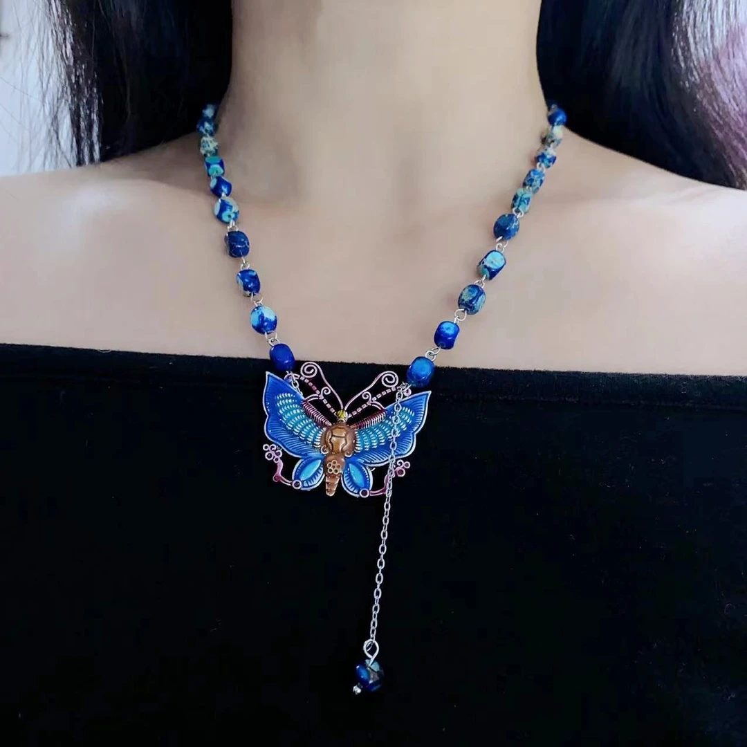 合金大理石项链 《蓝染》手工珐琅彩复古民族风蓝色蝴蝶A208