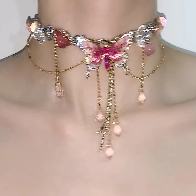 钛钢亚克力项链 《粉色妖姬》蝴蝶choker流苏复古重工项链A074气质