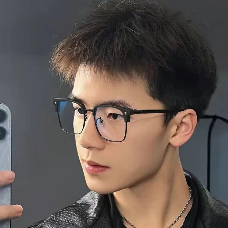 复古半框眼镜框男款大脸可配近视镜片男生黑色斯文眉线眼睛框镜架