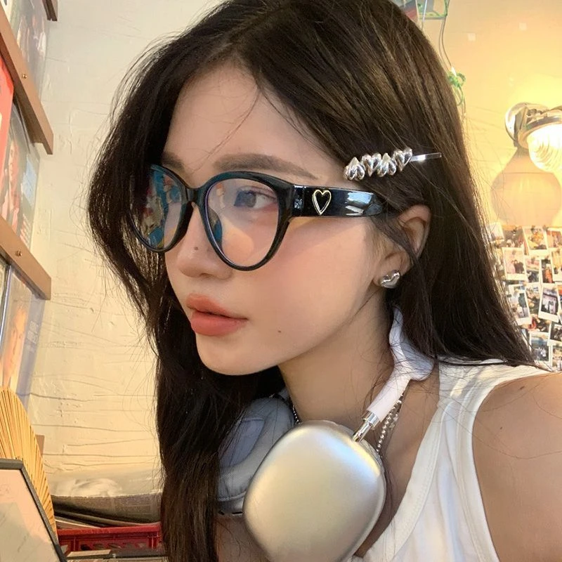 网红素颜猫眼爱心黑色眼镜框平光眼镜女潮ins风显脸小复古眼镜架