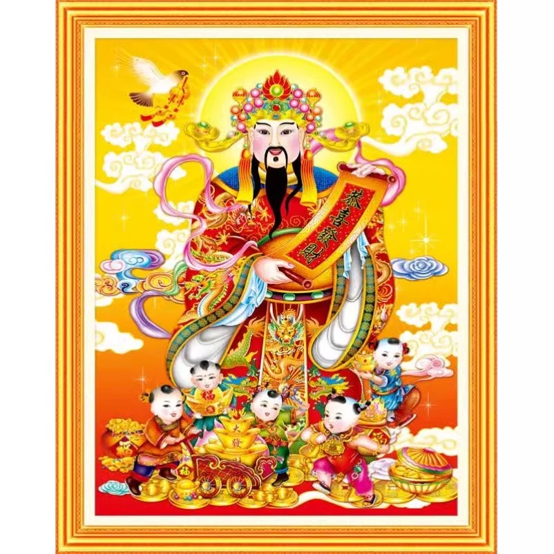 财神爷十字绣竖版挂画办公室开业白色大吉大利