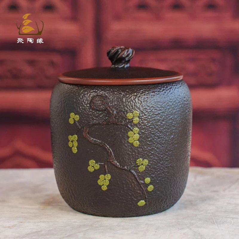 建水紫陶茶叶罐陶瓷家用密封罐中式带盖储存普洱茶散茶罐醒茶罐小