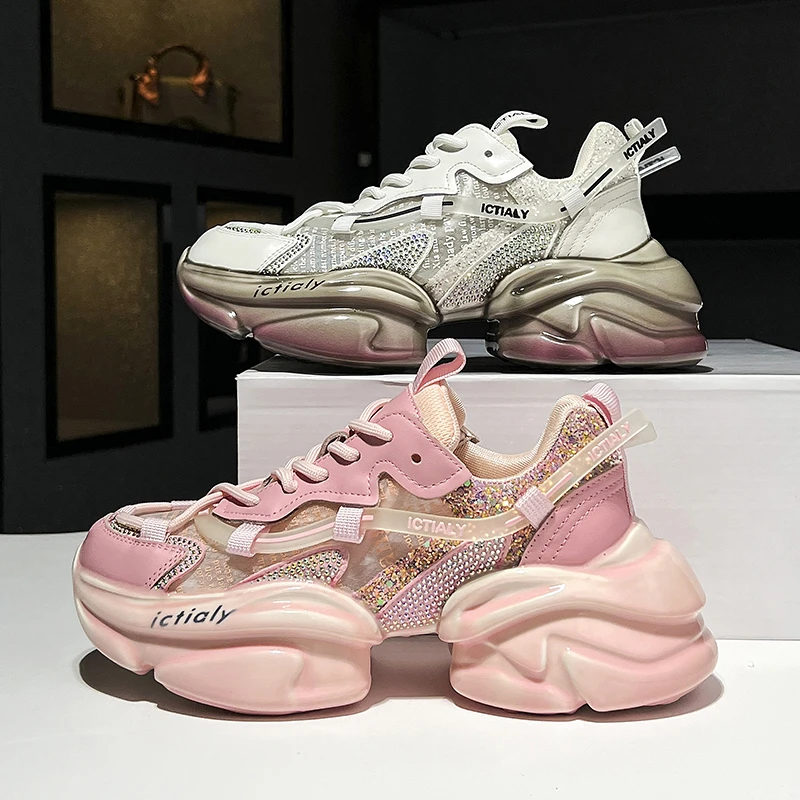 欧货真皮水钻休闲鞋2024夏款透气网面厚底增高休闲运动松糕鞋女潮