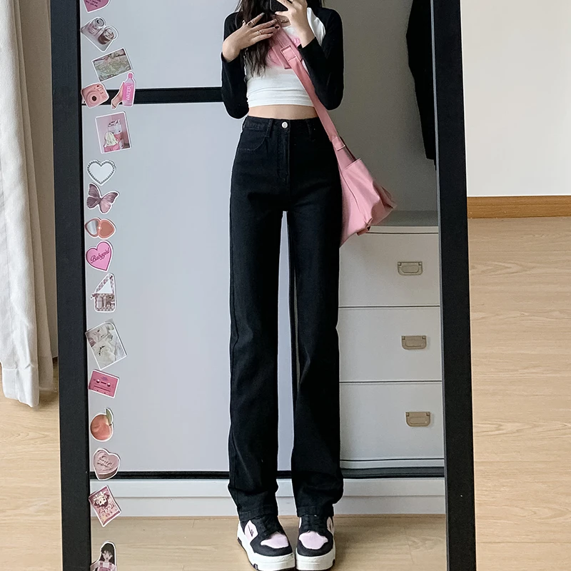 黑色窄版阔腿牛仔裤女秋天2025新款高腰弹力直筒宽松垂感拖地裤子