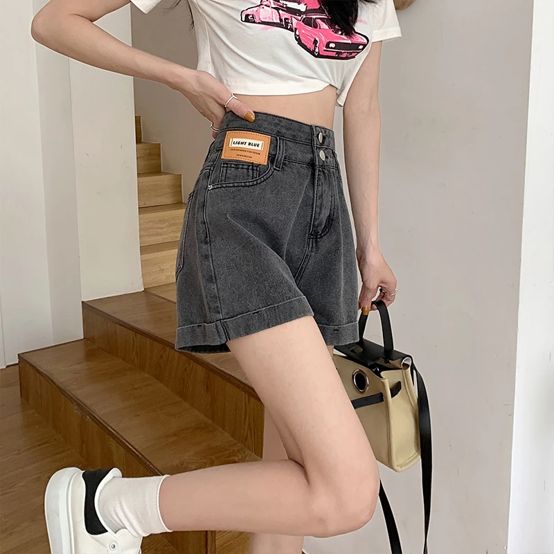 高腰卷边牛仔短裤女秋2025年新款宽松显瘦阔腿a字设计感辣妹热裤