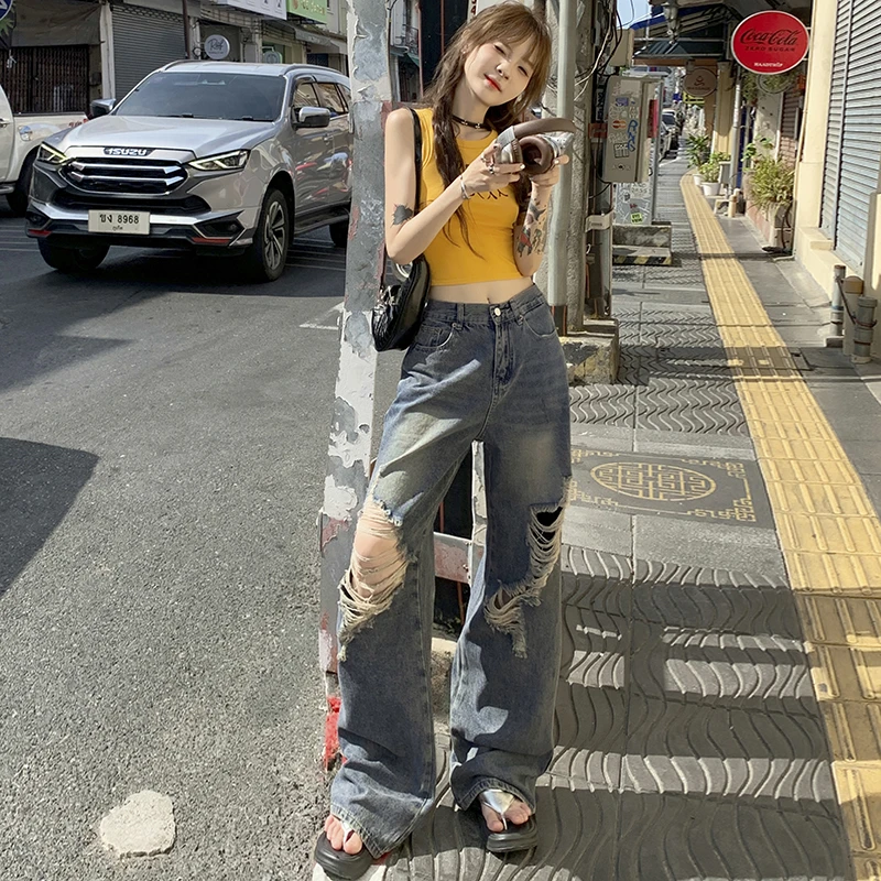 ~美式高街风破洞宽松显瘦阔腿牛仔裤长裤复古高腰裤子阔腿裤秋季