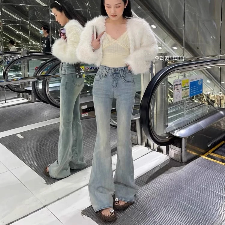 高腰喇叭牛仔裤女2025年秋季新款韩版修身复古水洗拖地裤微喇叭