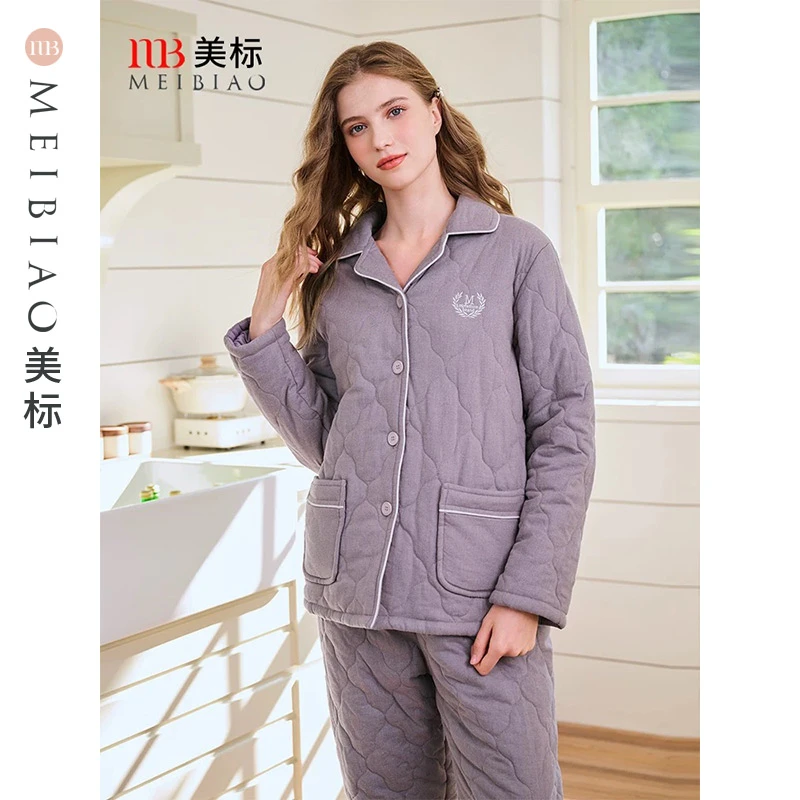 美标新款情侣三层夹棉加厚睡衣套装女秋冬加厚纯棉家居服95812