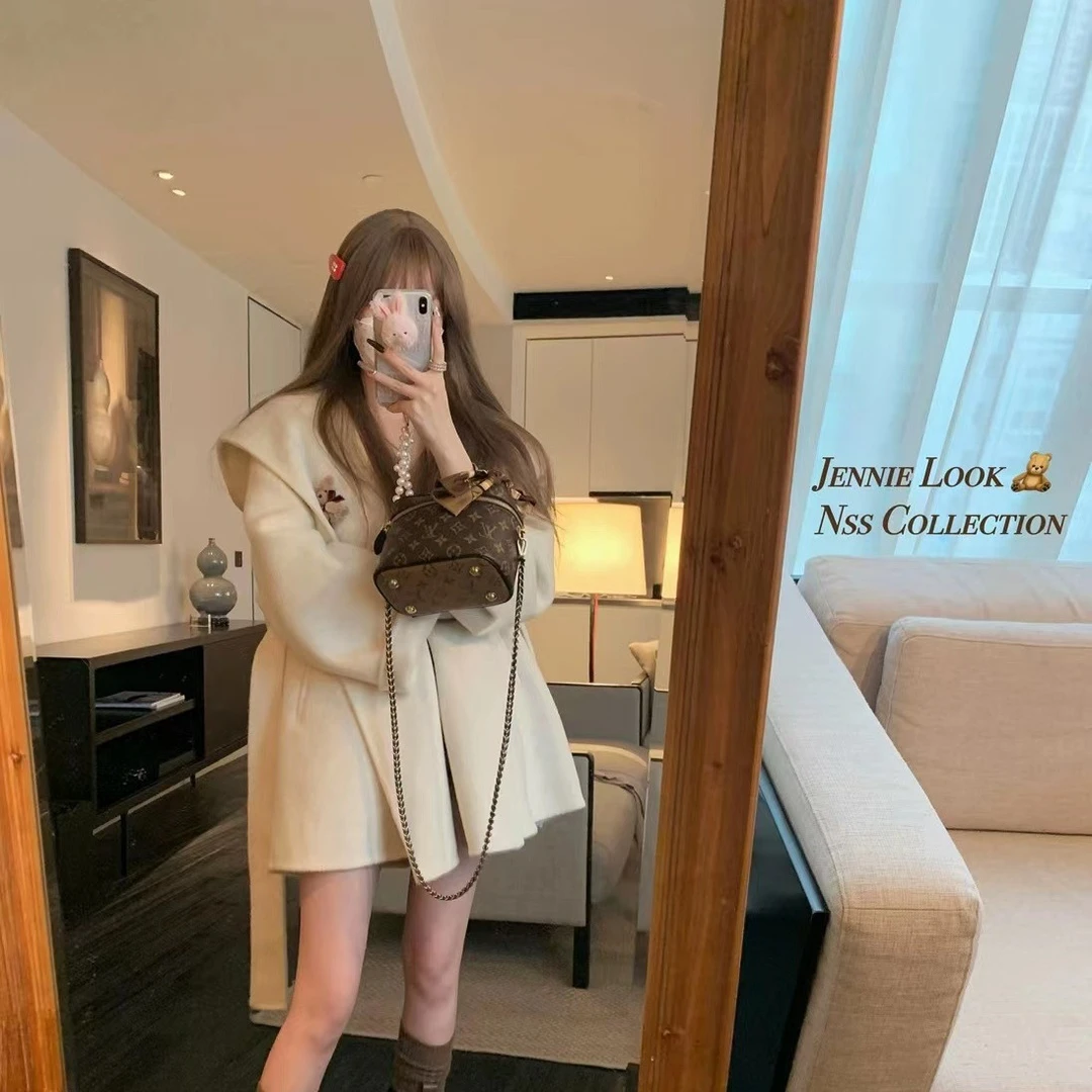 春季连帽高级感双面羊毛毛呢外套中短款小个子女名媛小香风外套