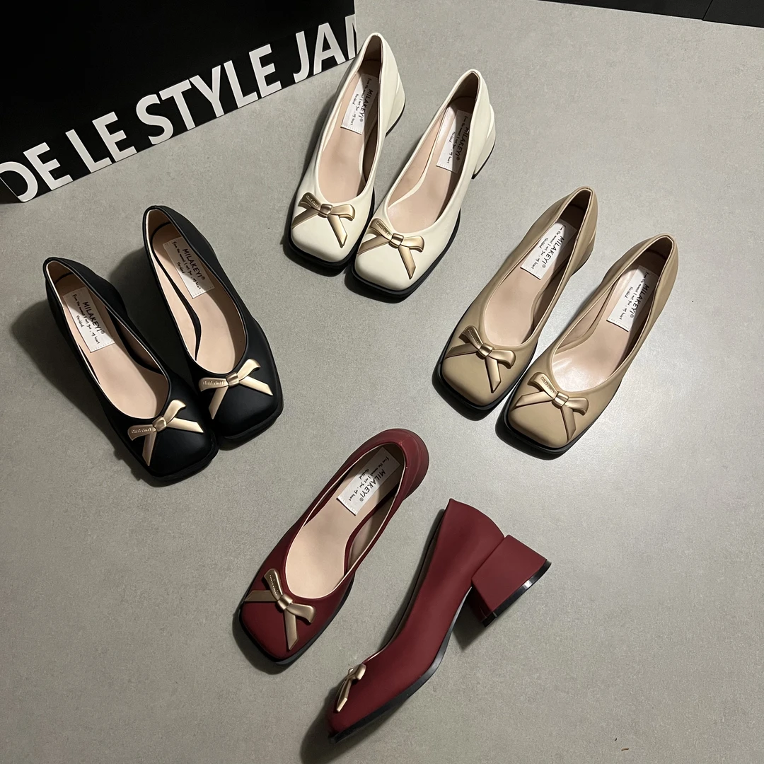 2025年春夏新款方头金属蝴蝶结玛丽珍跟鞋爆款时尚百搭马蹄跟单鞋