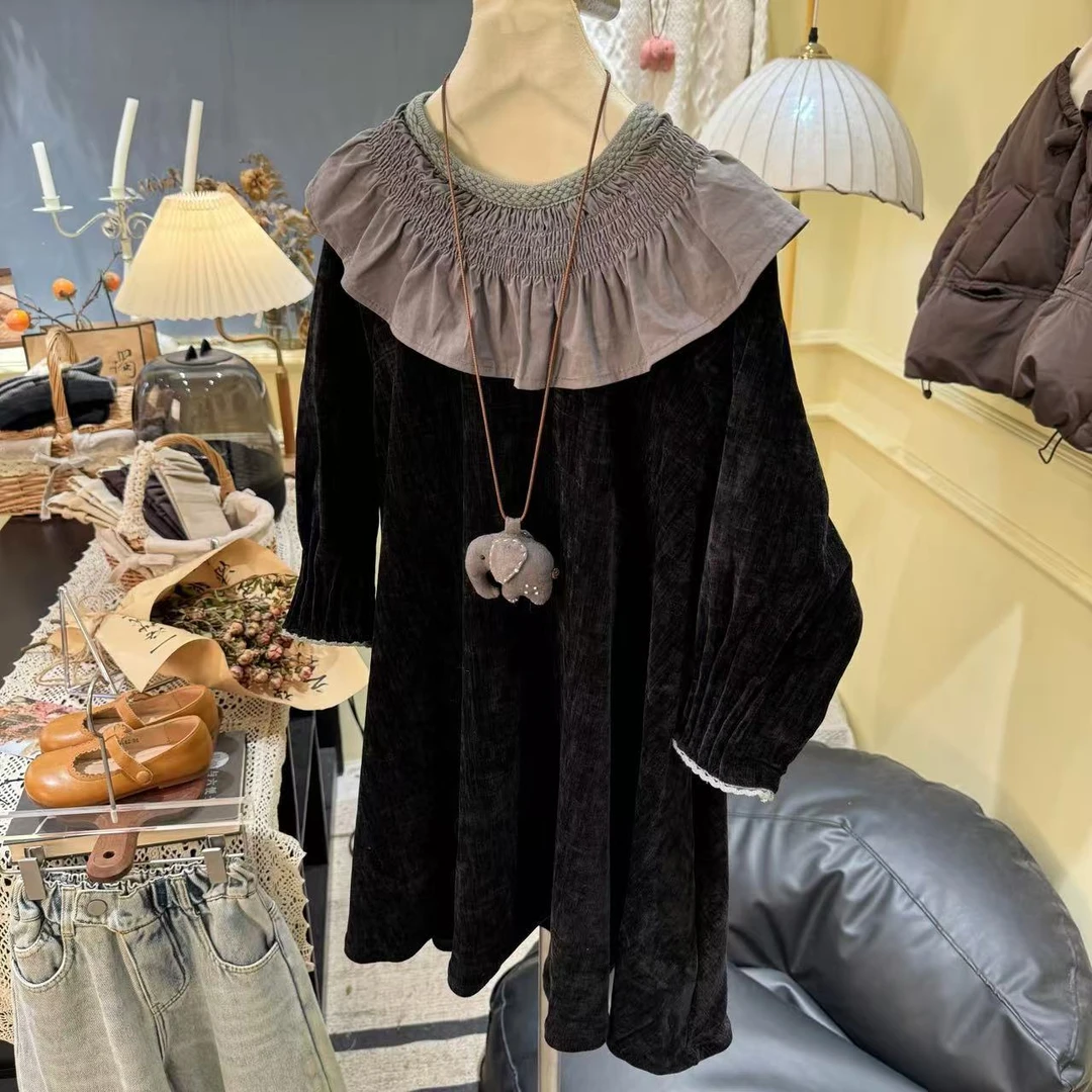 【莫里花园】秋季新款黑色丝绒裙韩版翻领儿童装韩版女宝女童娃娃领