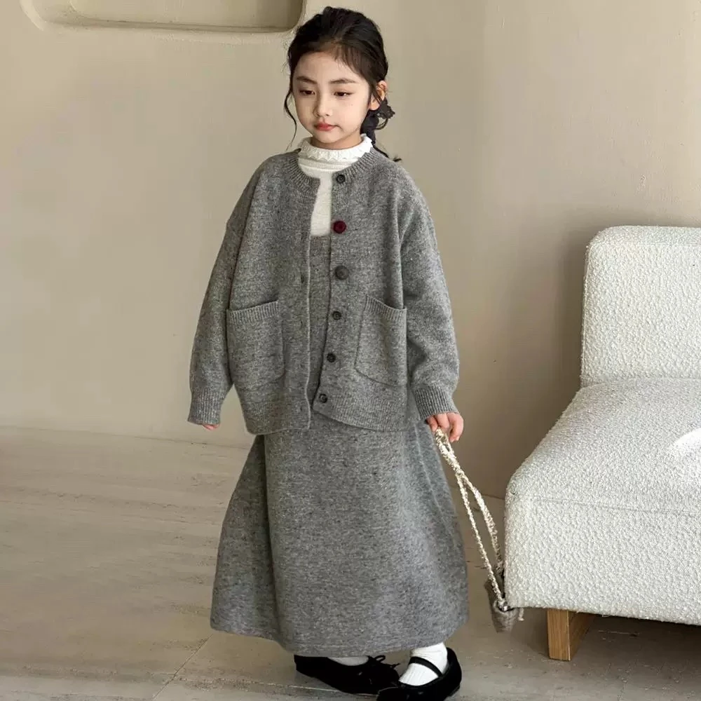 【XC241440】秋冬款女孩两件套装韩版女童毛呢纯色洋气韩国童装针织