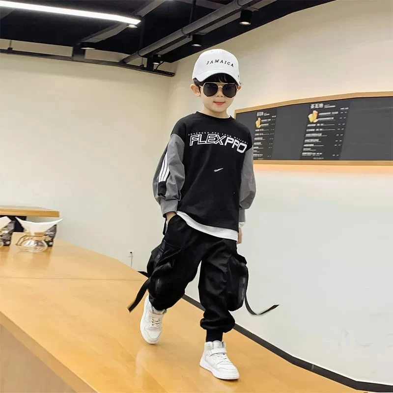 男童春秋款一整套2023新款男童工装裤街舞套装假两件上衣帅气秋季
