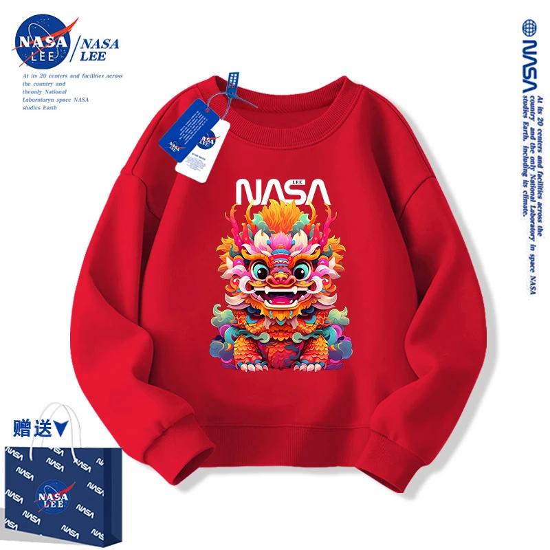 NASA红色厚棉T男童冬季加绒儿童拜年服2024龙年本命年12岁女童衣