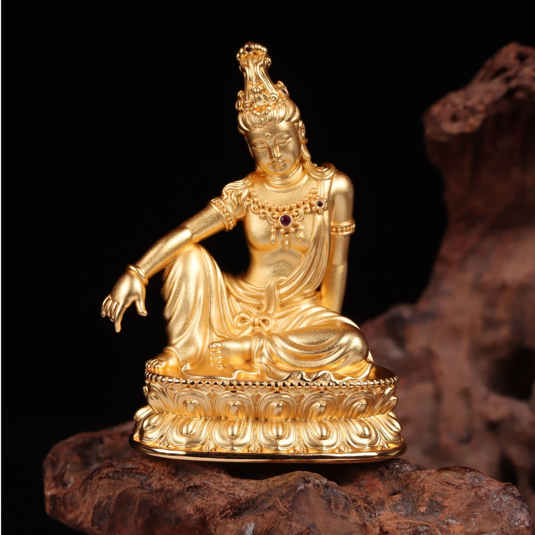 水月观音摆件供奉摆件佛像底部可打开 可装藏 心念观音像铜摆件