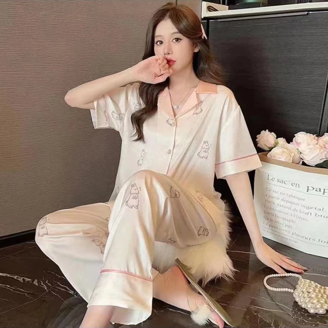 【亿菲】夏季新款女士仿真丝透气薄款睡衣套装家居服