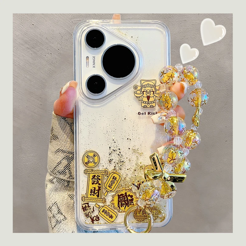 适用华为pura70pro+手机壳流沙金箔财神爷mate60pro+苹果16/15/14