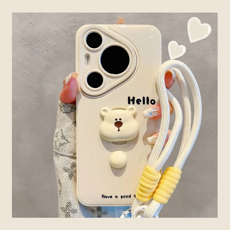 适用华为pura70pro+手机壳隐形支架小熊mate60pro+指环扣pura70