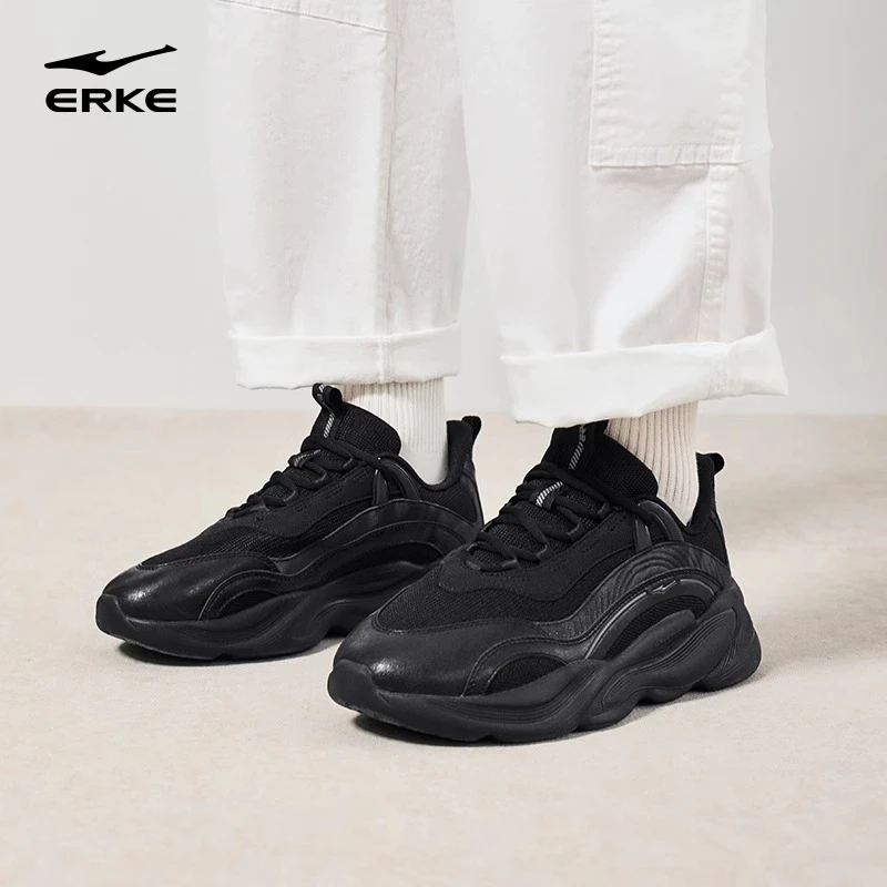 鸿星尔克未央男鞋运动鞋秋冬款增高老爹鞋减震厚底百搭黑色休闲鞋