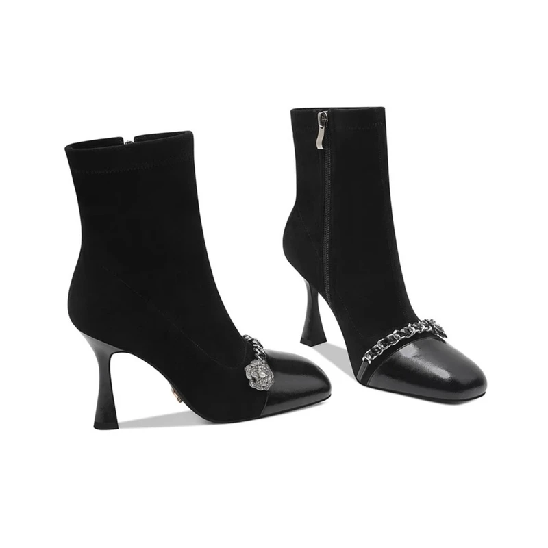 【手工女鞋】黑色弹力瘦瘦靴子冬季季新款方头时尚百搭细高跟短靴