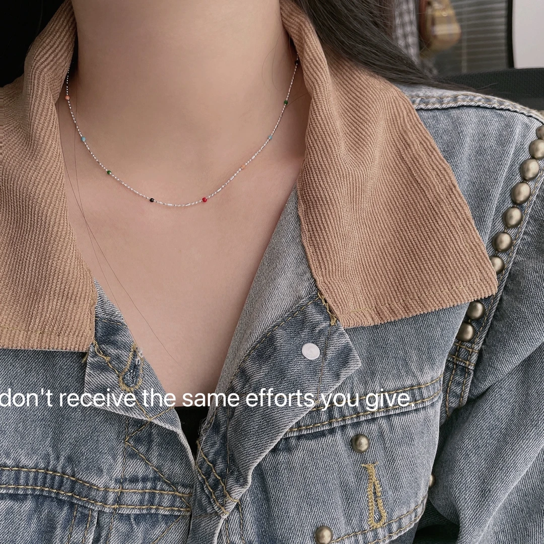 链子925银 iu同款彩虹豆豆圆珠项链ins简约小众设计锁骨链素款
