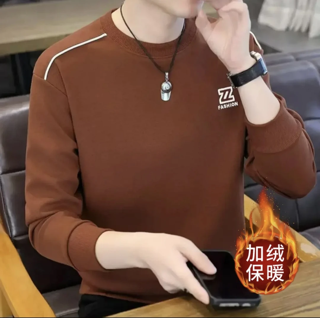 秋冬季新款男士时尚百搭加绒加厚热感韩版圆领长袖套头刺绣卫衣潮