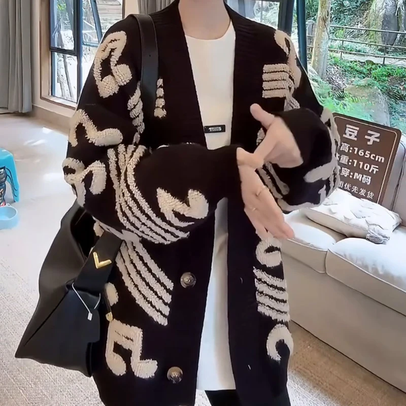 复古音符毛巾绣针织开衫女秋冬高级新款上衣独特超好看毛衣外套潮