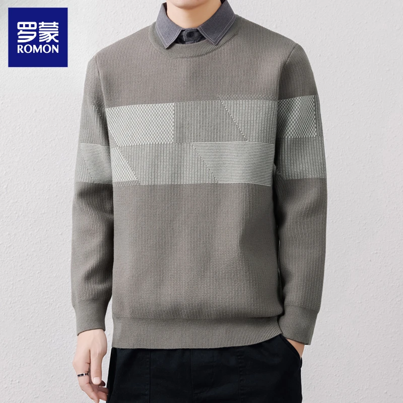 罗蒙假两件衬衫领针织衫男秋冬季2024年新款加绒加厚时尚男士毛衣
