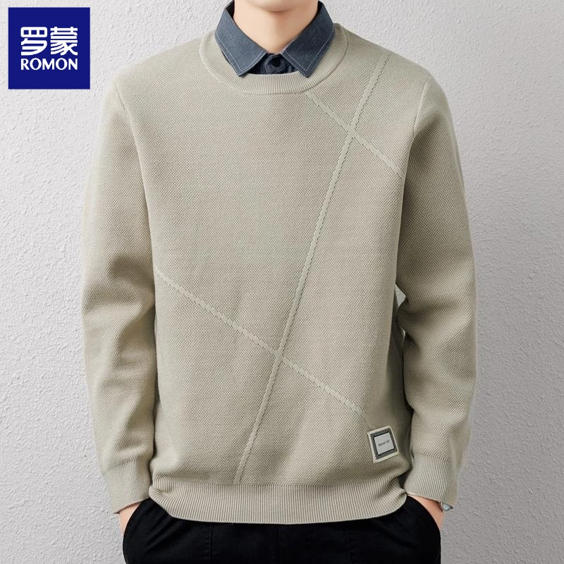 罗蒙潮牌高端秋冬季衬衫领毛衣男加绒加厚假两件针织衫保暖
