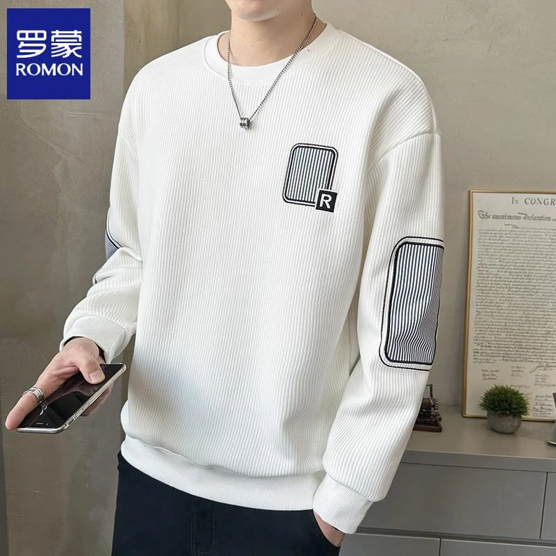 罗蒙男士圆领卫衣潮牌宽松长袖t恤2024春秋季新款秋装套头上衣服
