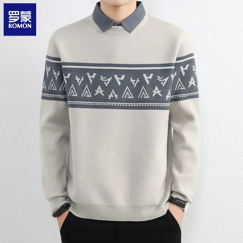 罗蒙高端潮牌秋冬季假两件男毛衣加厚保暖衬衫领有带领针织衫