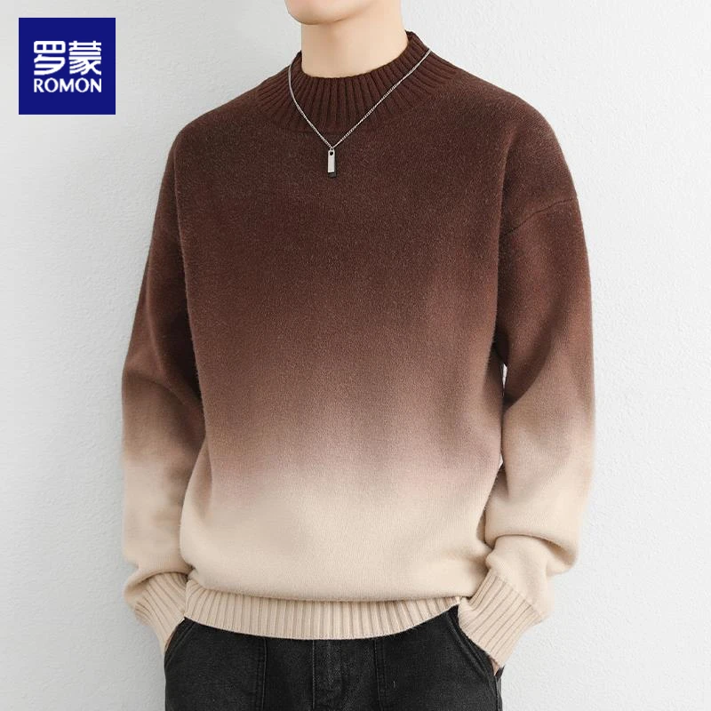 罗蒙渐变色毛衣男款冬季加绒加厚打底衫男士针织衫保暖套头毛衫