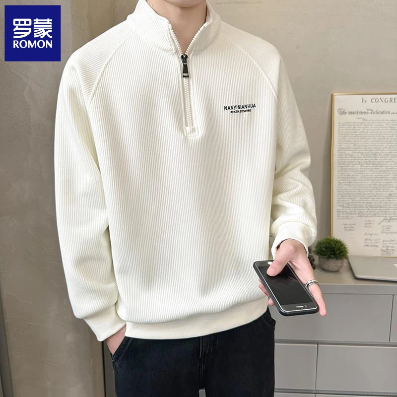 罗蒙卫衣男立领2024秋季新款长袖套头T恤宽松休闲简约打底体恤衫