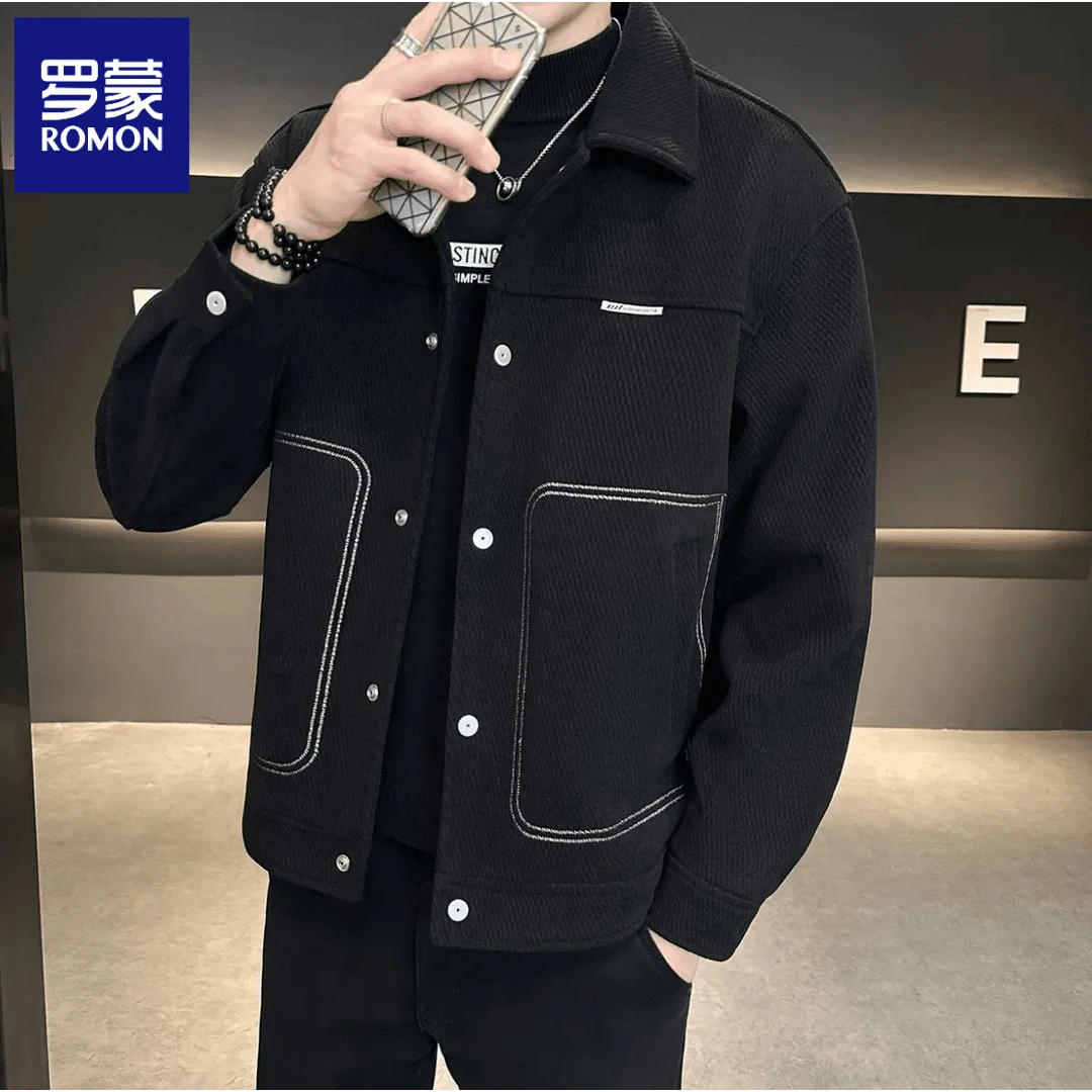 罗蒙翻领毛呢夹克男士2024春秋季新款潮流修身短款呢子外套男男装