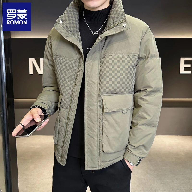 罗蒙短款轻薄羽绒服男士新款立领帅气时尚白鸭绒保暖拼接冬季外套
