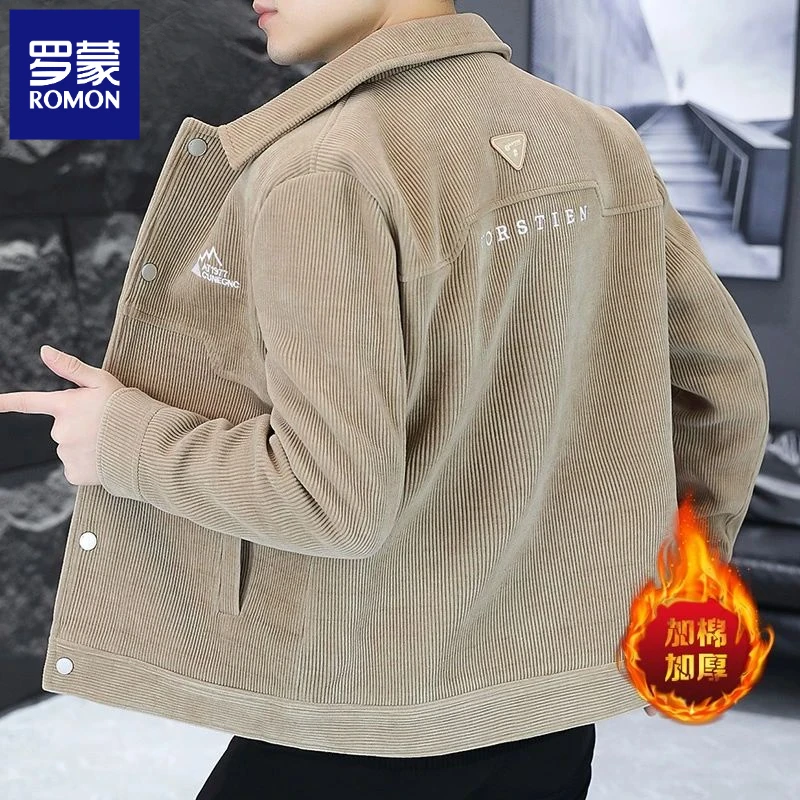 罗蒙高档男士呢子外套秋冬季潮流工装灯芯绒加绒加厚夹克上衣