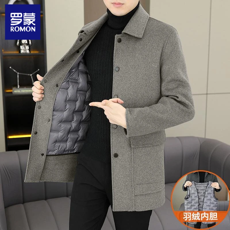 罗蒙高档双面羊绒毛呢大衣男士秋冬加厚保暖外套商务休闲呢子风衣